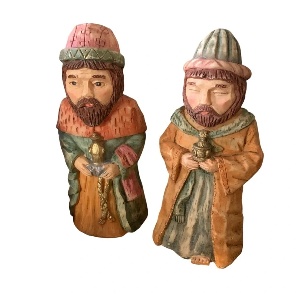 World Market Carved Faux Wood Folk Art Nativity Scene Figures Shelf Sitters 6Pc